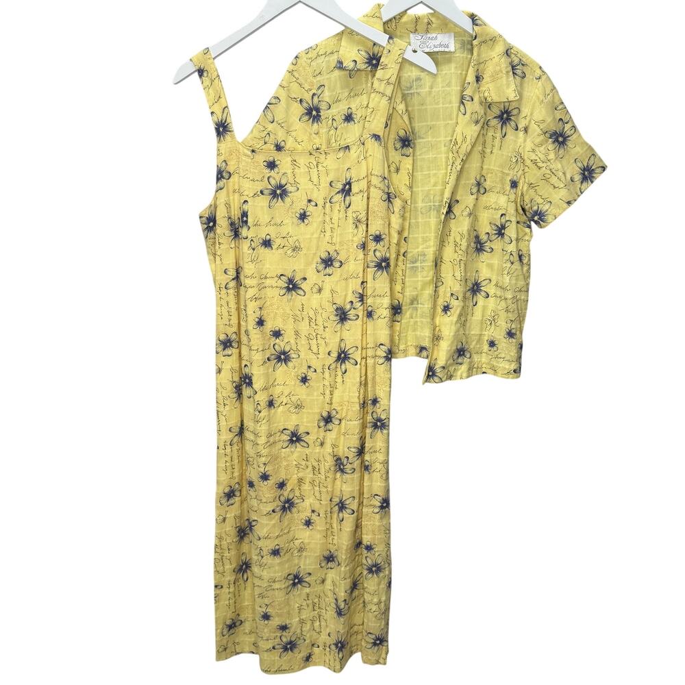 Vintage Sarah Elizabeth Linen Blend Dress Shirt 2 piece Size 14P Yellow Floral